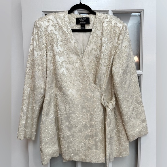 Carmen Marc Valvo Jackets & Blazers - Vintage Carmen Marc Valvo Ivory Cream Lace Sequin Beaded Formal Jacket Size 14 L